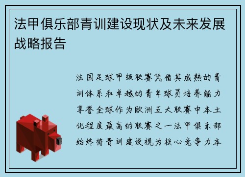 法甲俱乐部青训建设现状及未来发展战略报告